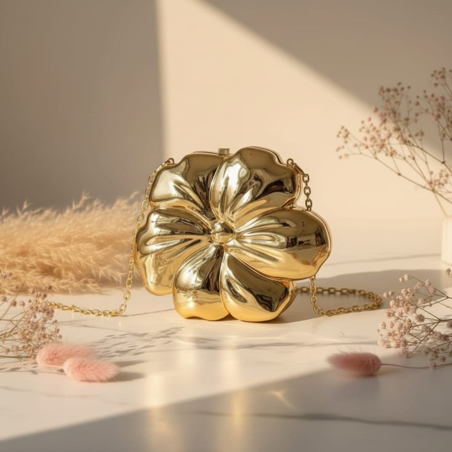 Gold Flower Clutch Bag for Women | Luxury Party & Wedding Handbag with Chain