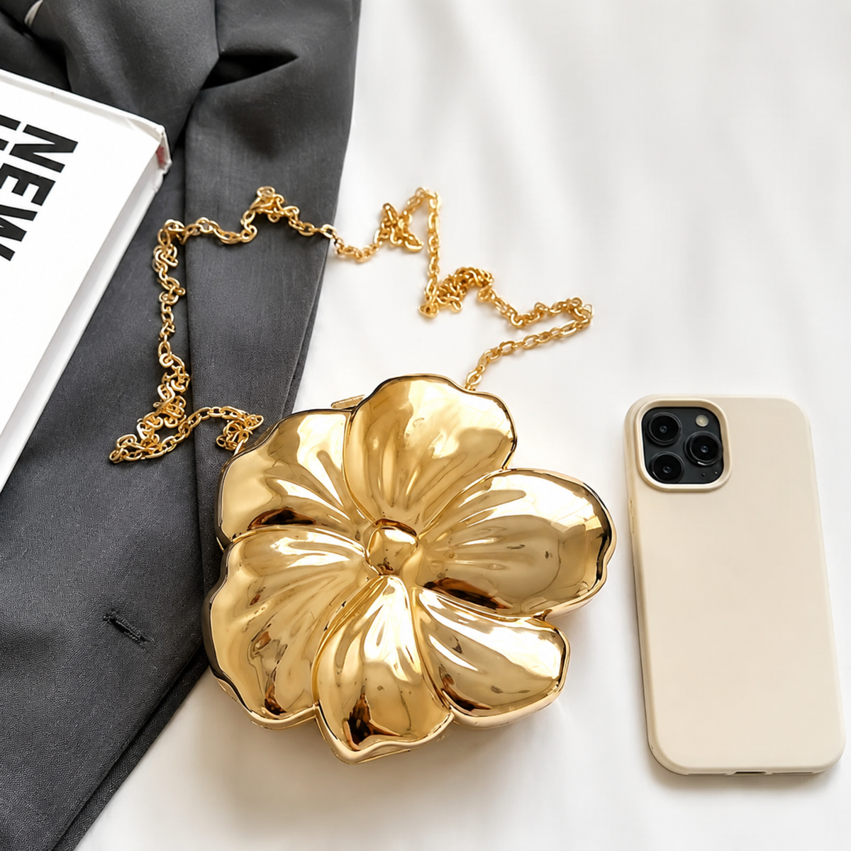 Gold Flower Clutch Bag for Women | Luxury Party & Wedding Handbag with Chain
