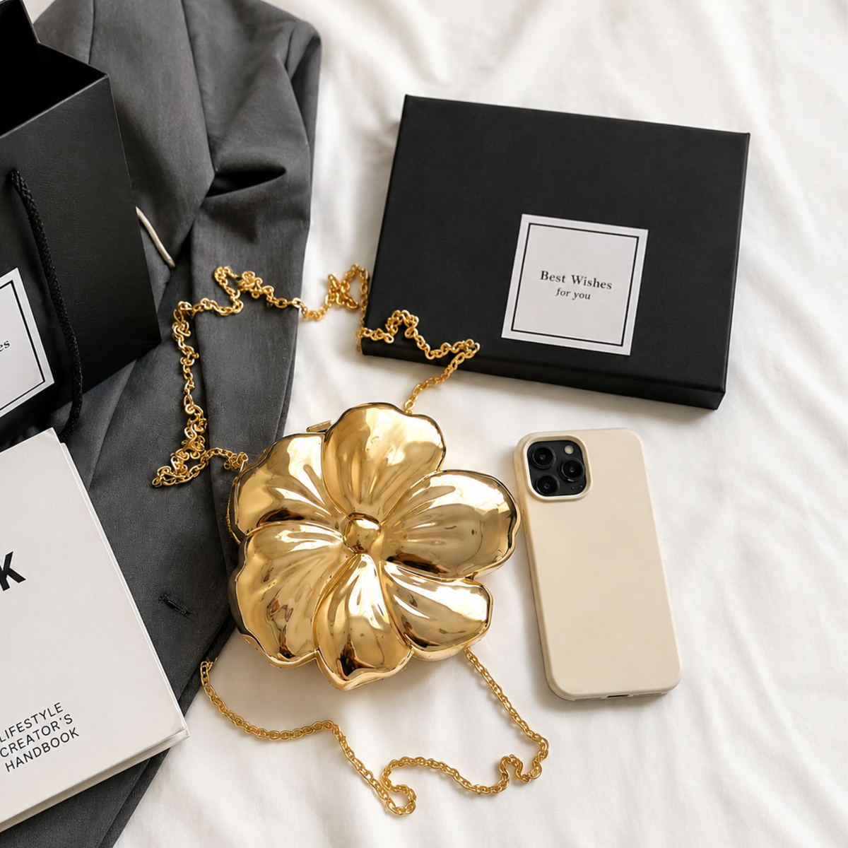 Gold Flower Clutch Bag for Women | Luxury Party & Wedding Handbag with Chain