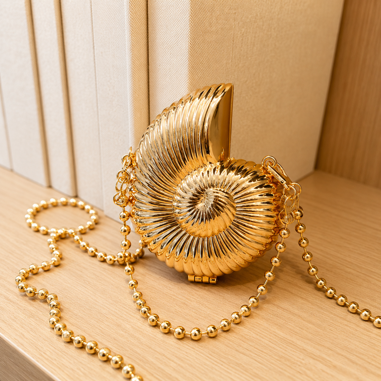 Gold Spiral Shell Clutch Bag for Women | Luxury Party & Wedding Handbag with Chain