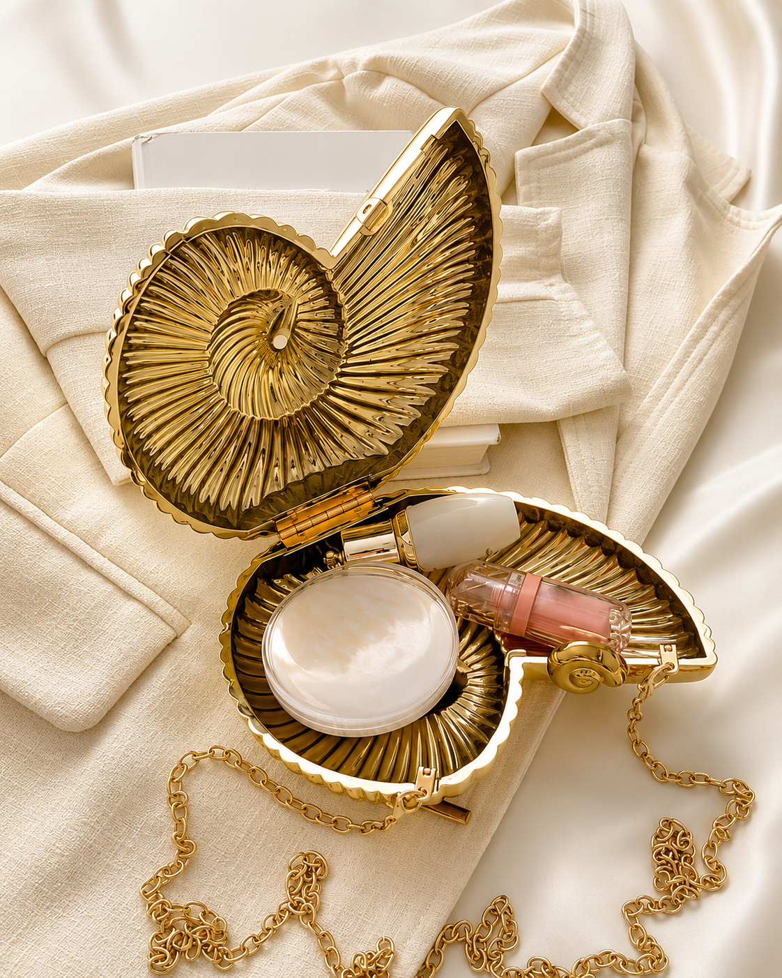 Gold Spiral Shell Clutch Bag for Women | Luxury Party & Wedding Handbag with Chain