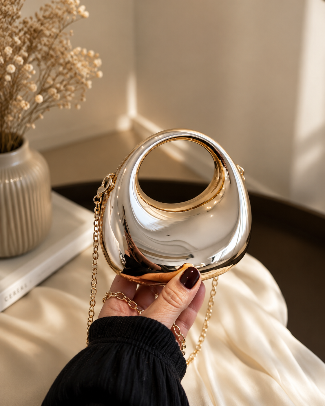 Gold Crescent Hobo Clutch Bag for Women | Luxury Party & Wedding Handbag with Chain
