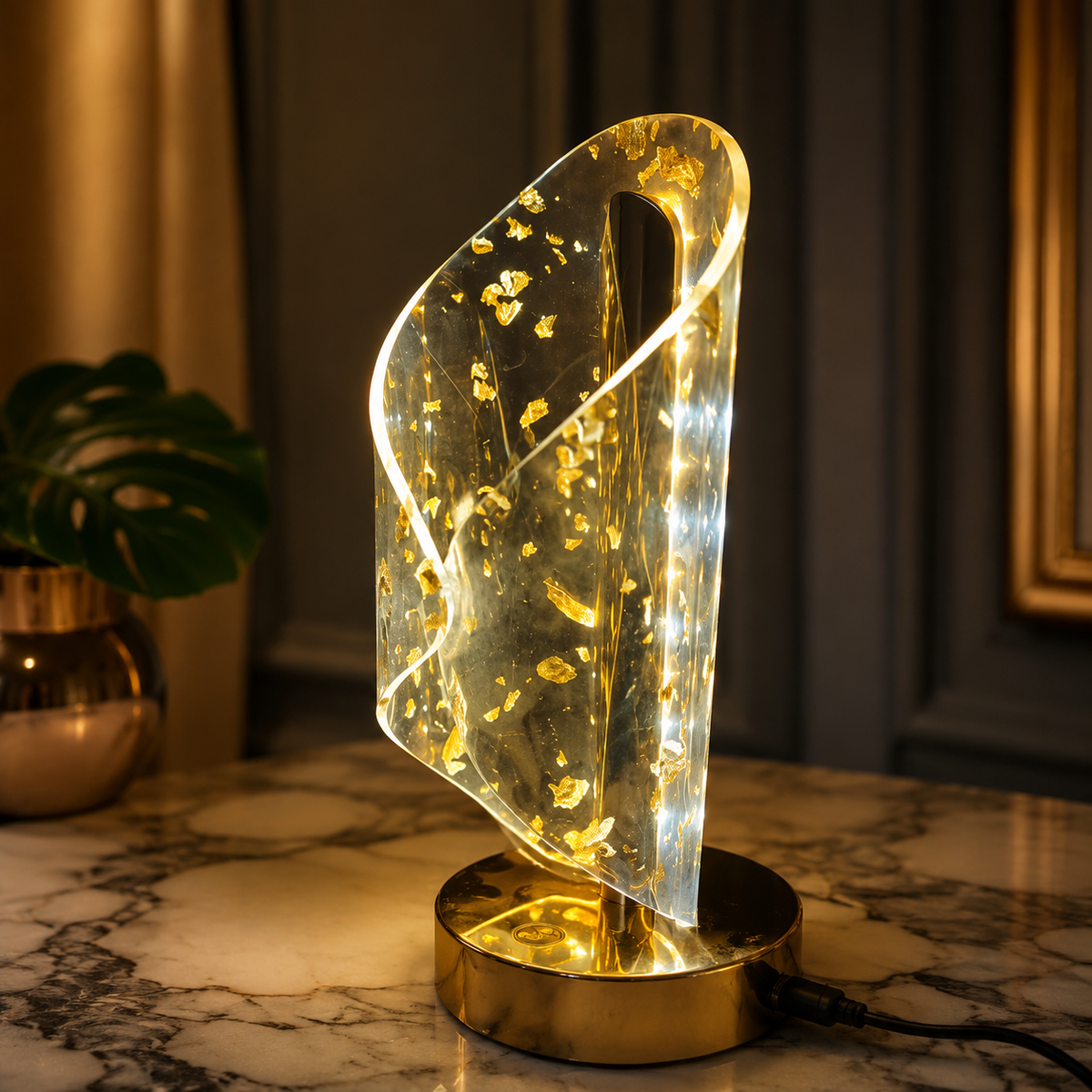 Luxury Gold Leaf Crystal LED Night Lamp | Modern Acrylic Table Lamp for Bedroom, Living Room & Office Decor
